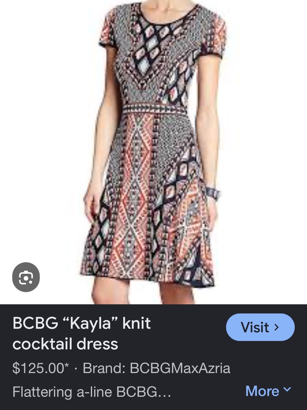 BCBGMaxAzria “Kayla” Silk Knit Coral & Navy Geometric Short-Sleeve Midi Dress - Picture 2 of 11